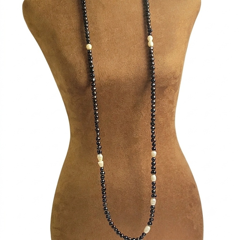 48 Inch Dyed Black‎ & Baroque Freshwater Pearl Long Necklace Goth